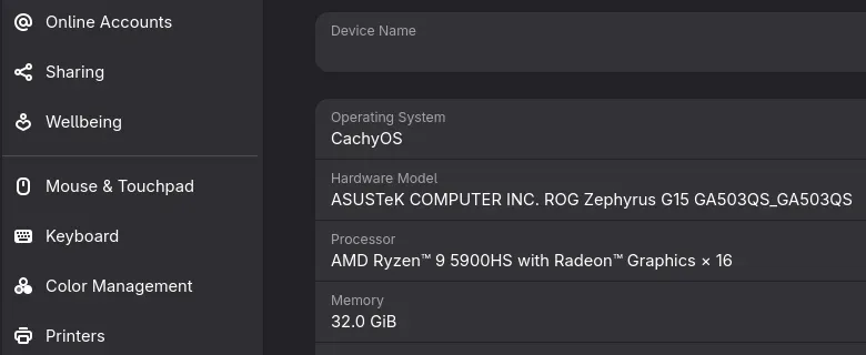 CachyOS running on an ASUS ROG Zephyrus laptop