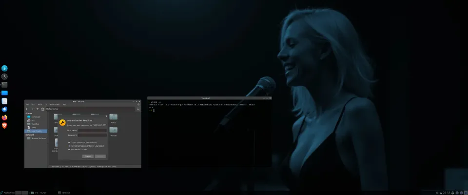 Screenshot of the GhostBSD XFCE desktop with custom wallpaper and themed icons