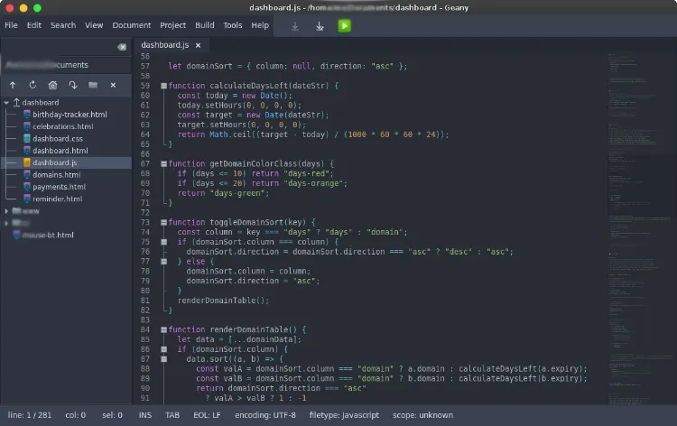 Screenshot of Geany code editor running on GhostBSD with a Javascript project open in a privacy-focused development setup