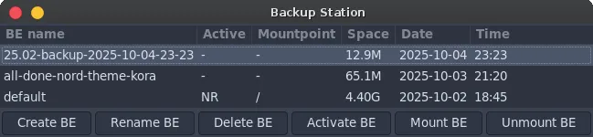 GhostBSD Backup Station interface showing a backup created on today's date