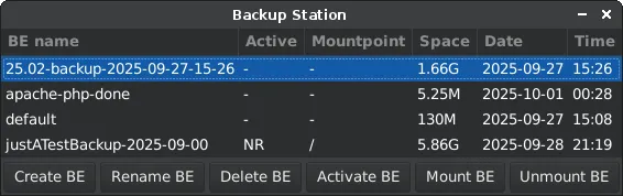 GhostBSD Backup Station screenshot showing ZFS boot environment snapshot management interface