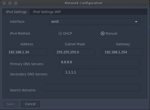 Screenshot of GhostBSD XFCE Network Configuration window showing static IP address settings, subnet mask, and gateway fields for easy customization