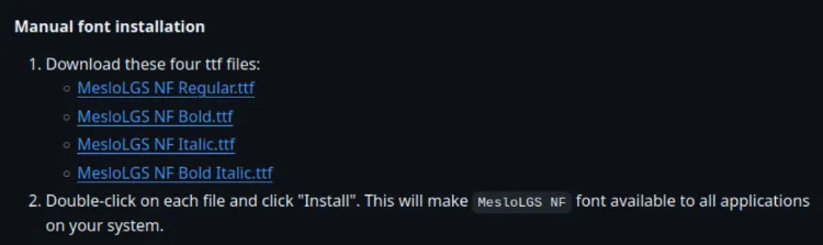 Screenshot of Meslo fonts on GitHub, showing installation instructions and download links for terminal customization.