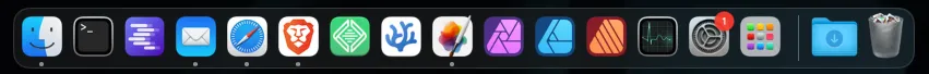 Screenshot of the macOS Dock showing a customized selection of favorite software, including LM Studio, Brave browser, LocalWP, VSCodium, Pixelmator Pro, and the full Affinity suite—Affinity Photo, Affinity Designer, and Affinity Publisher.