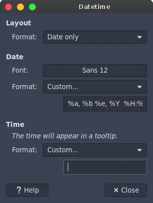 Clock Properties window in XFCE showing layout and custom format settings
